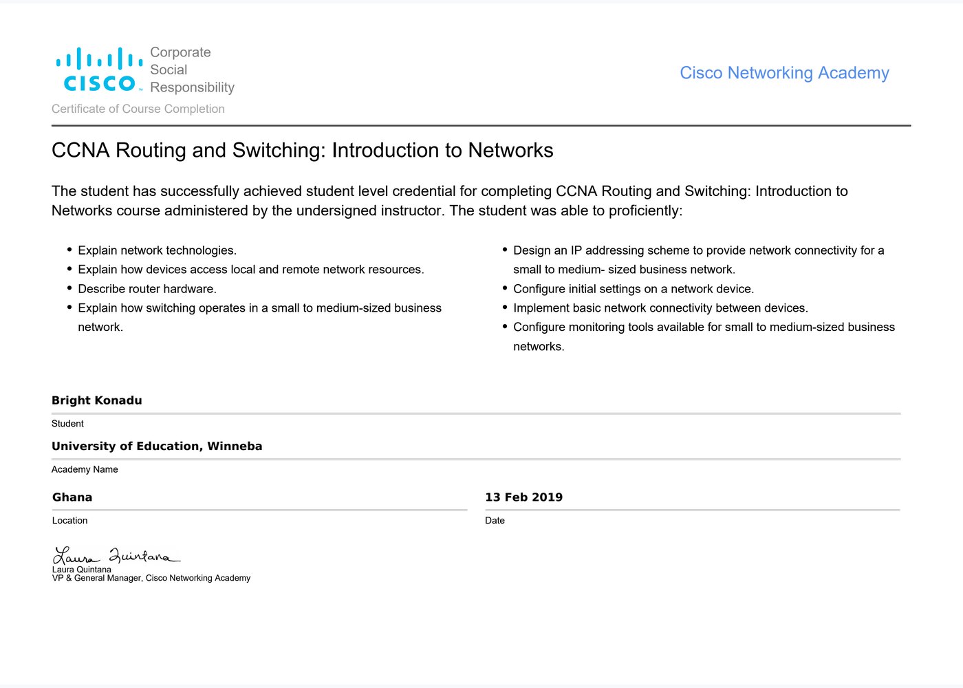 CCNA Routing & Switching certificate preview