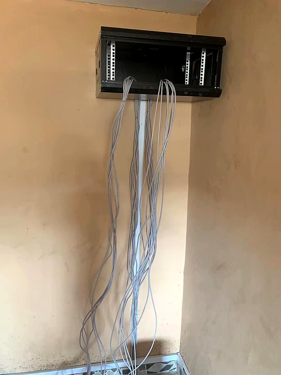 Network cables routed from a wall-mounted distribution point.